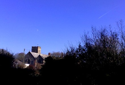 THE MOON - AEROPLANE VAPOR TRAIL - FREMINGTON CHURCH - NORTH DEVON