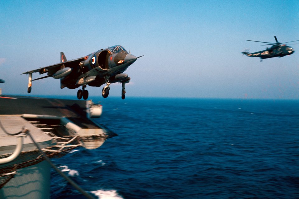 Hawker Siddeley Harrier GR1 of 1 Squadron taking off during sea trials on HMS Ark Royal in May 1971.