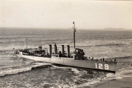 USS DELONG (DD129) beached in 1921 at Halfmoon Bay south of California.