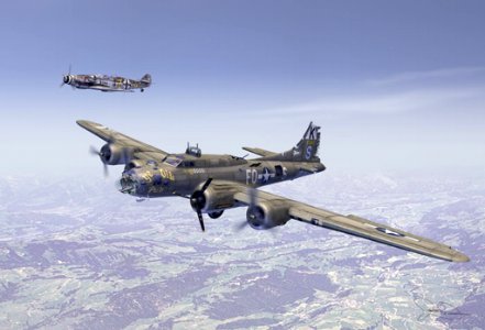 In the Presence of my Enemy" by John D. Shaw. The painting depicts ace pilot Franz Stigler in the Bf-109 escorting the B-17 "Ye Olde Pub" to safety