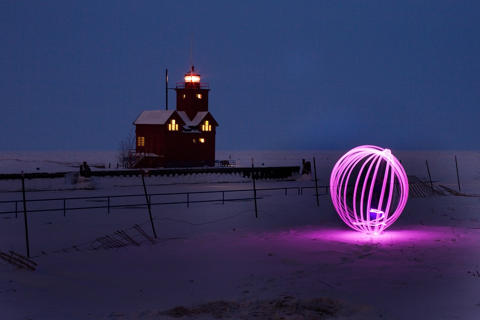 Night lighthouse winter