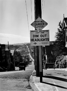 Danger Hill: Sign on the top of a hill in the residential section of San Francisco, California. January 1943. photo