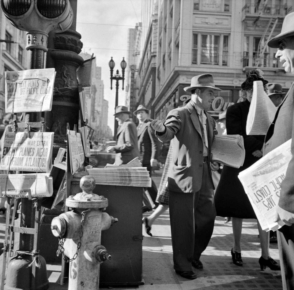 And the War Came: Corner of Montgomery and Market Streets, Monday morning, after Japanese attack on Pearl Harbor. San Francisco, California, December 8 1941.