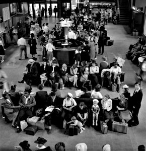 Rockwell Canvas: The waiting room at the Greyhound bus terminal. Pittsburgh, Pennsylvania. September 1943. photo