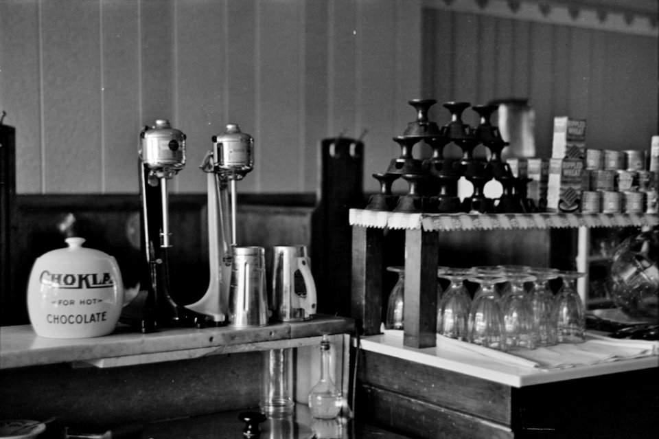 Tools of the Trade: Malted milk mixers in restaurant, Plentywood, Montana, November 1937.