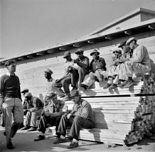 Lunch Break: Workmen at lunch hour on emergency office space construction job. Washington, D.C., 1941. photo