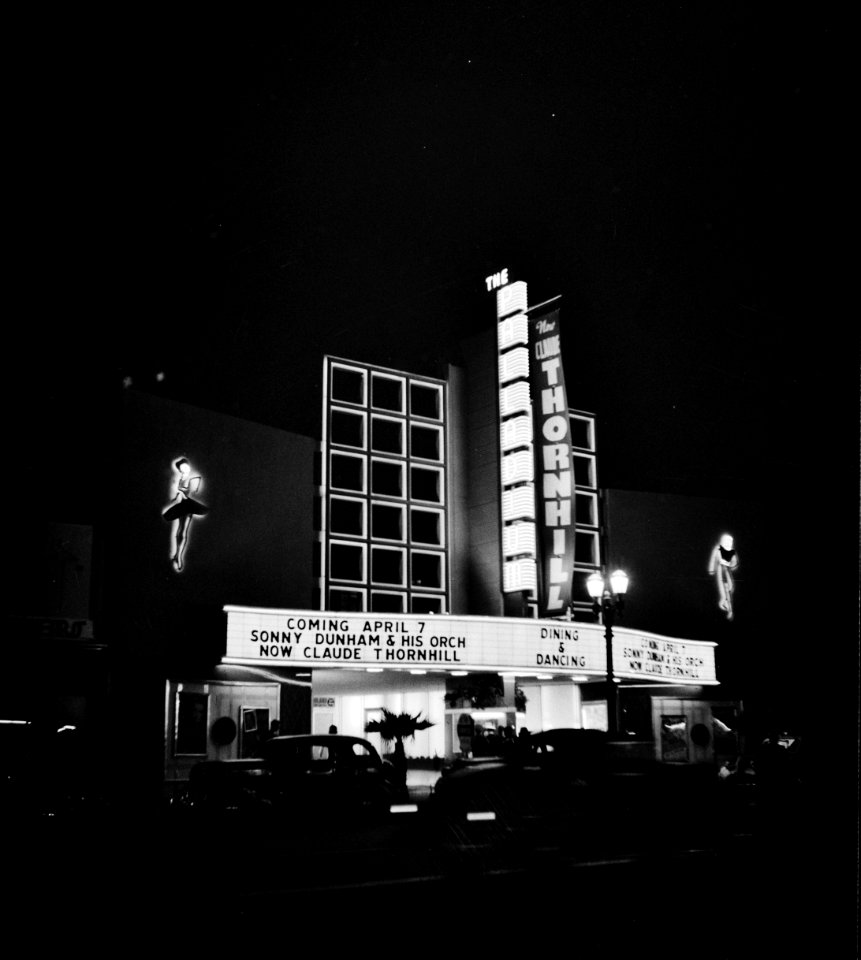 Dining & Dancing: Sign in front of a large dance palace. Hollywood, California. April 1942.