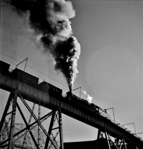 Bingham Mine. A section of trestle of the Carr Fork bridge at the Bingham Canyon workings of Utah Copper Company, 1942.