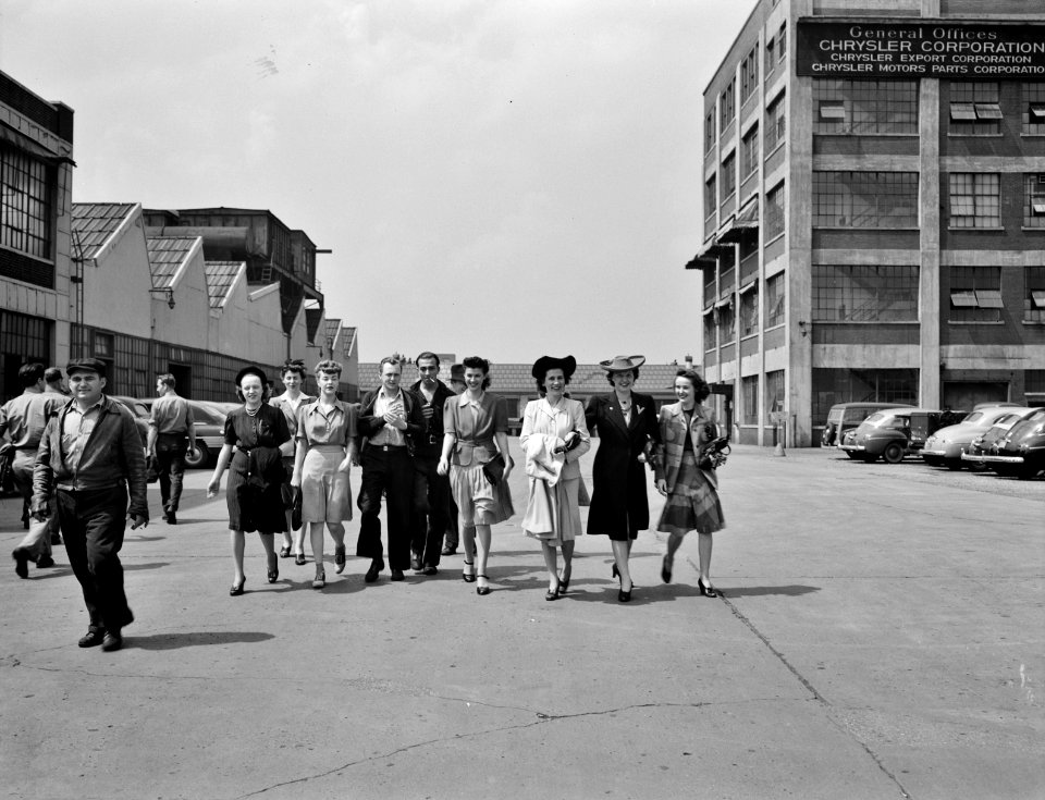 Dayshift Set: Workers coming out of the Highland Park Chrysler plant. Detroit, Michigan. Spring, 1942.