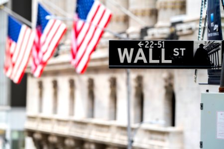 Wall Street Sign Close-up with American Flags photo