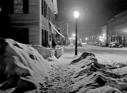The Magic Hour: Snowy night in the Center of town in Woodstock, Vermont, 1940.