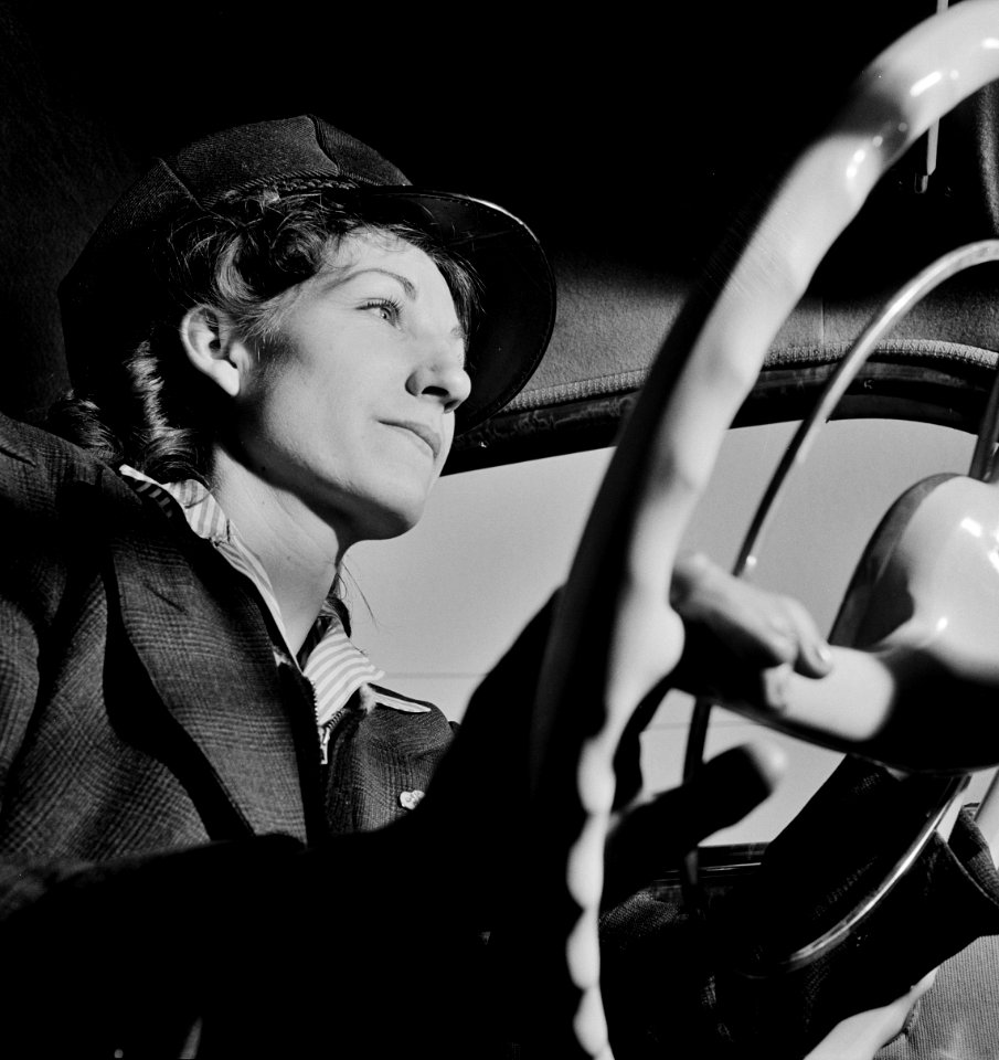 Portrait of a woman training to operate buses and taxicabs, 1942.