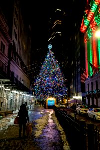 NYSE Christmas Tree from Wall Street with Woman Carrying Bags photo