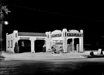 Gasoline Noir: Oil and gasoline service station at night in San Augustine, Texas. April 1939.