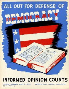 A WWII poster encouraging Americans to be more informed to defend democratic civic life.