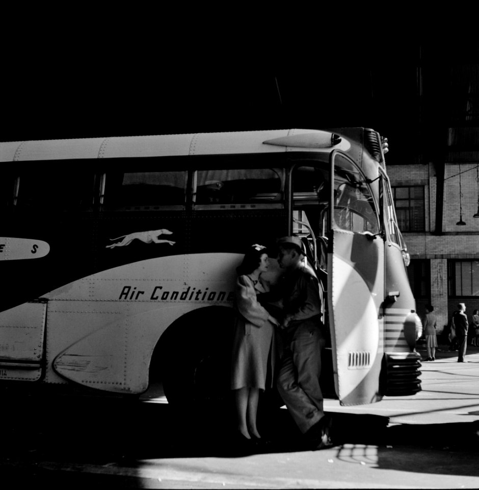 Sentimental Journey: A soldier and a girl saying goodbye at the Greyhound bus station, Indianapolis, Indiana, 1943.