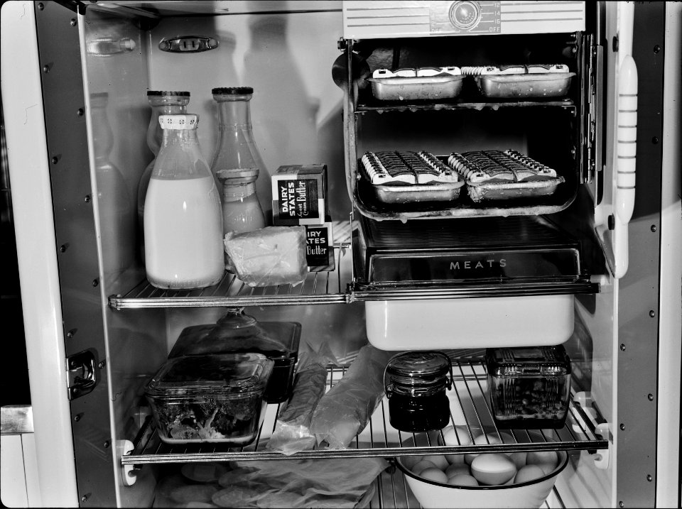 Here's Your Fridge: View inside a typical residential refrigerator in February 1942. This photo was taken as part of a series to inform the public on tips for the conservation of resources during wartime. Original caption below.
