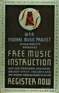 Poster for Federal Music Project announcing free instruction in music, 1938.