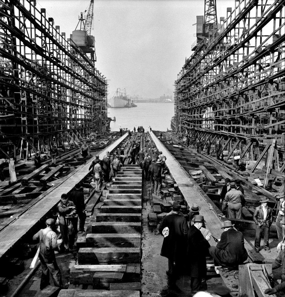 Bethlehem-Fairfield shipyards, Baltimore, Maryland. The stem of a vessel just after the launching ceremony. May 1943.