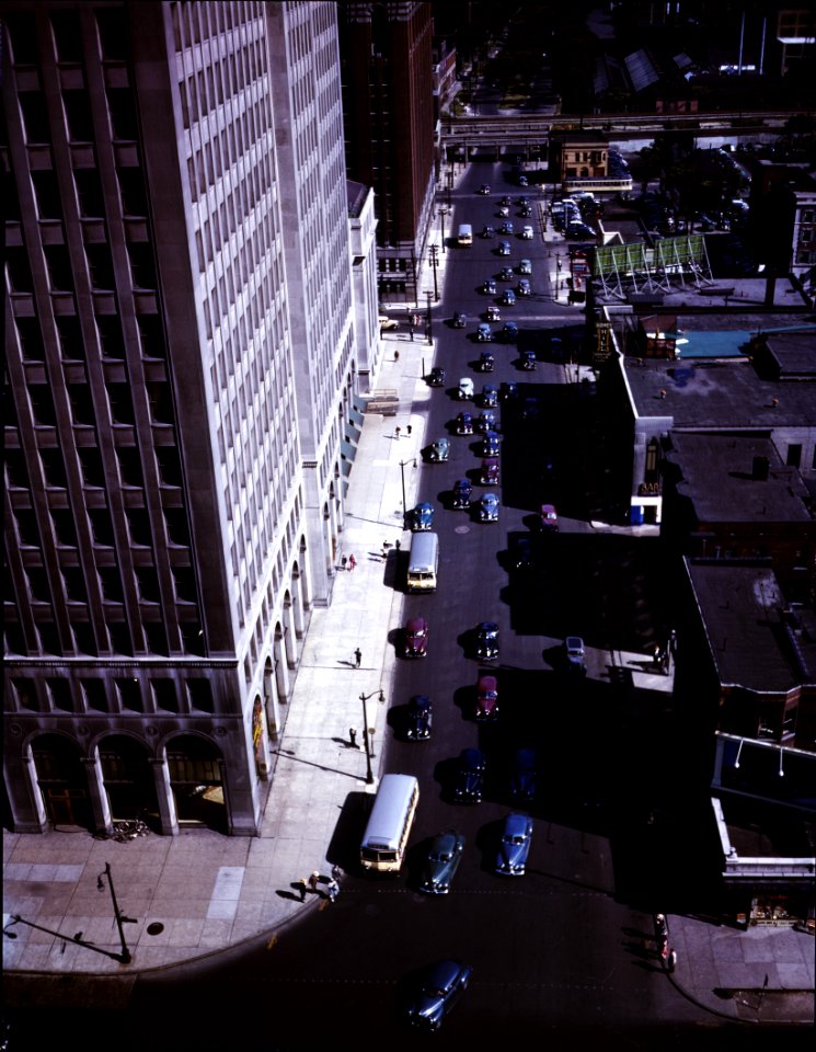 Traffic at 5:30 in the afternoon on Second Avenue, Detroit, Michigan, July 1942.
