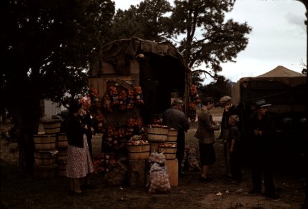 Fruit wagon at the Pie Town, New Mexico Fair. There is no fruit grown in this section and the people depend on outside truckers to bring it in. October 1940. photo