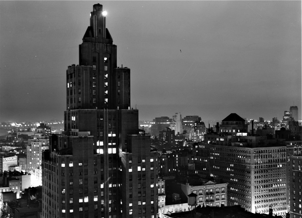 Angels' Perch: A rainy evening in New York City looking west toward Hudson River from University Place, September 1939