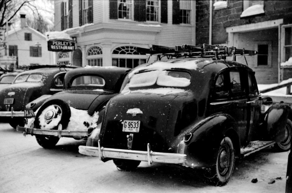 The ski town of Woodstock, Vermont is generally very crowded with skiers on weekends, 1939.