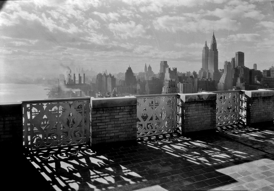 Against Light: View from the parapet on the 27th floor of the River House at 52nd St. and E. River, New York City. December 1931.