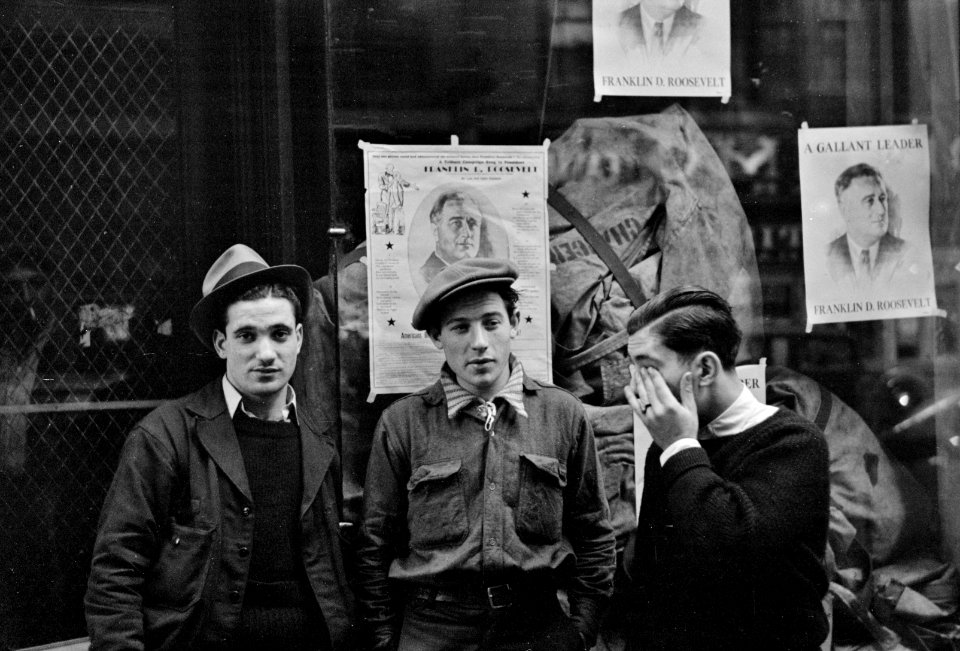 Three of a Kind: A Group of Teens at 38th Street and 7th Avenue, New York City, November 1936.
