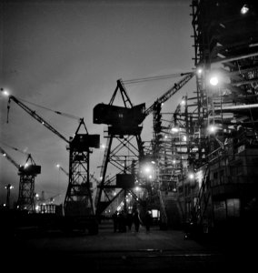 Bethlehem-Fairfield shipyards, Baltimore, Maryland. A night view looking toward the ways, May 1943. photo