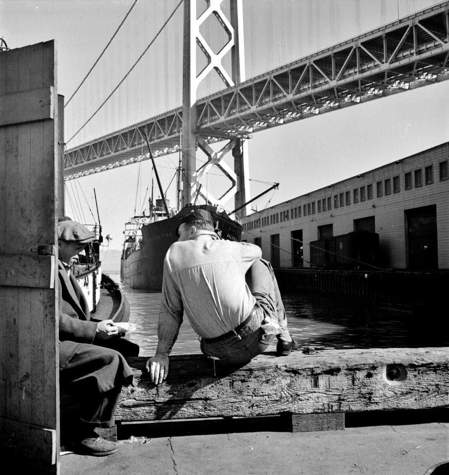 On the Waterfront: Longshoremen's lunch hour. San Francisco waterfront. California. February 1937.