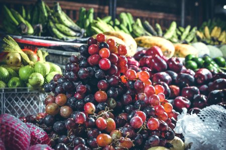 Grape on the asian balinese indonesian night market. Organic fruits. Bali.