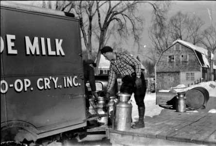 Farmers near Woodstock, Vermont bring their cans of milk to the crossroads early every morning where it is picked up by the coop farmers' truck and is taken to the city, 1940.