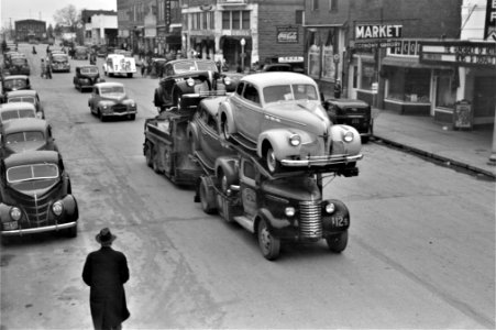 New Wheels: Auto transport in Eufaula, Oklahoma, February 1940.