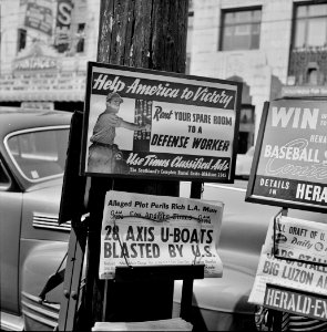 Word on the Street: Newsstand on a street corner in Los Angeles, California. April 1942.