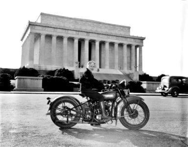Trailblazer: Mrs. Sally Halterman first woman to be granted a license to operate a motorcycle in the District of Columbia. 27 years old and 4 feet, 11 inches tall, she weights only 88 pounds--one-third of the machine she rides. Sept 1937.
