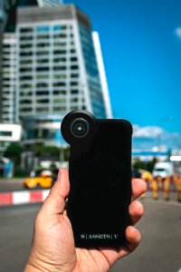 Smartphone on a skyscraper background