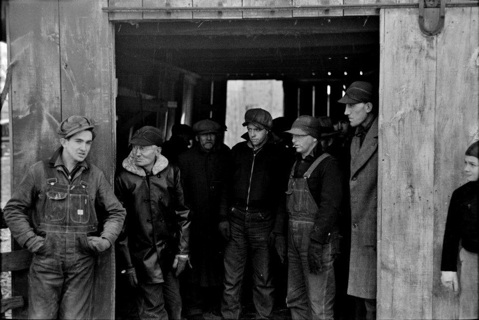 Farmers in a shed at a country auction near Aledo, Mercer County, Illinois, November 1936.
