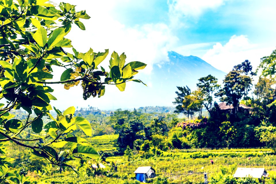 Beautiful green landscape of mount volcano Agung on Bali island.