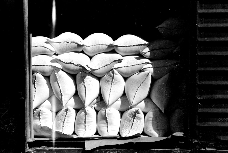 To Market: Freight car loaded with sacks of flour, Pillsbury mills, Minneapolis, Minnesota, September 1939.