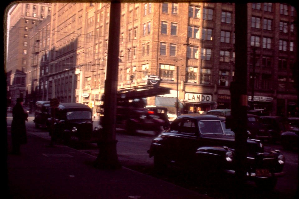 Untitled 1940's Kodachrome slide showing a street scene.