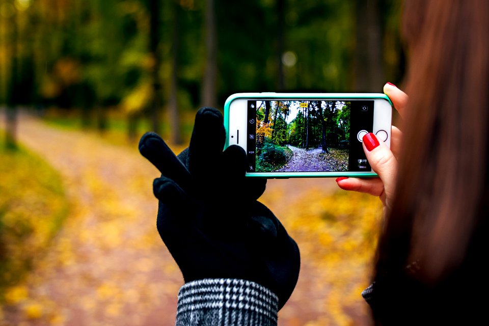 Woman hand with smartphone. Fall background.