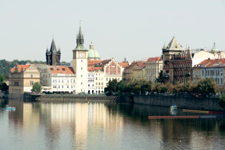 Prague towers and Vltava river on sunny day. Czech Republic