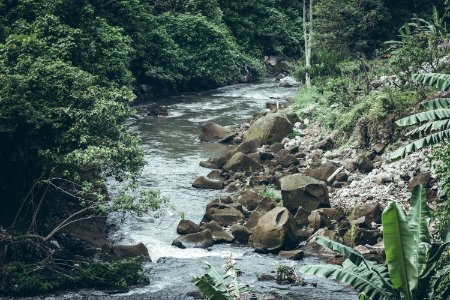 Mountain river water landscape. Wild river in mountains. Mountain wild river water view. Bali island. photo