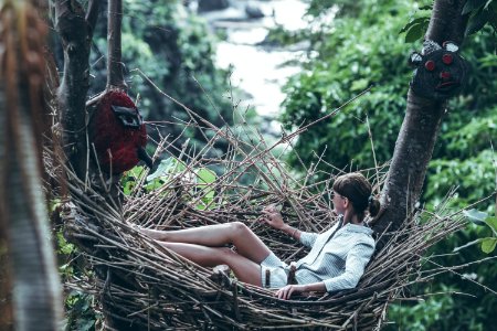 Young woman relaxing in the jungle of Bali island. photo