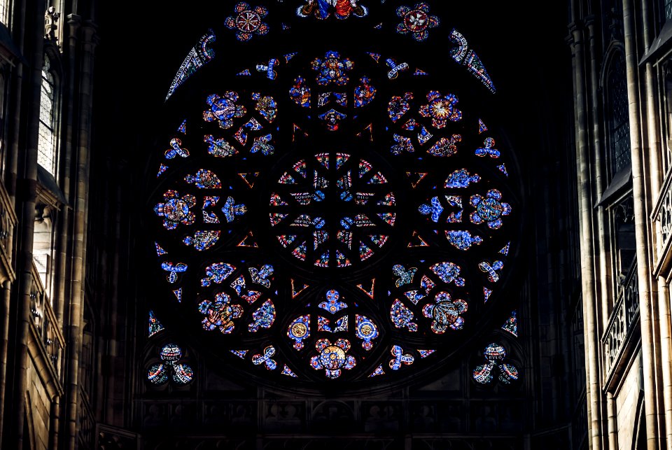 The magnificent stained glass in Prague's St. Vitus Cathedral. Prague, Czech Republic