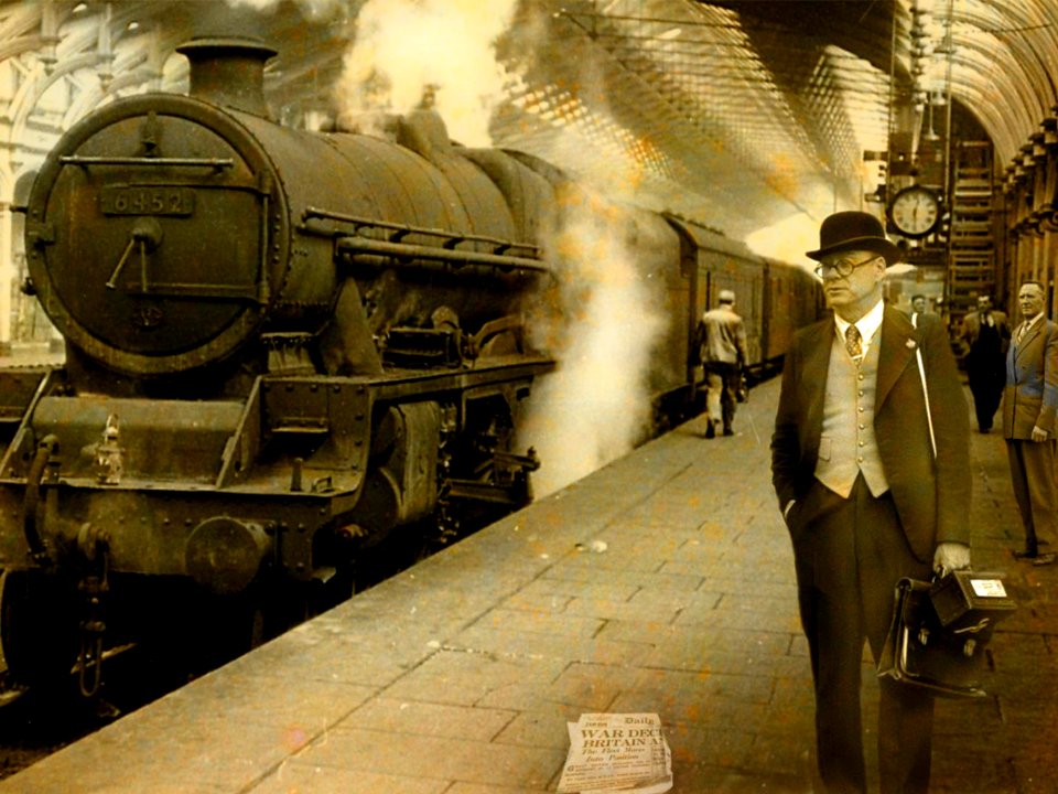 Office workers waiting for their train, its 03 September 1939, war has just been declared