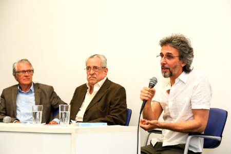 14.12.2017 - Prefeita Paula Mascarenhas durante 'Diálogos Simonianos' com Vitor Ramil, Carlos Diniz e Fausto Domingos no Instituto João Simões Lopes Neto