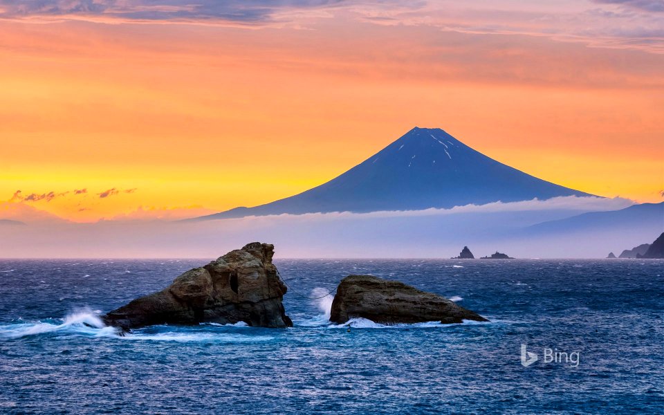 Mount Fuji and twin rocks (Ushitukiiwa in Matsuzaki, Japan
