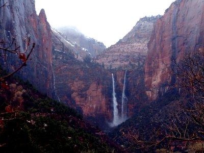 Waterfalls after heavy rain in Zion Canyon